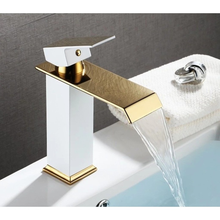 Mosdó csaptelep, vízesés, arany bevonat, mosogatóra szerelhető, modern dizájn, MZ-6006, fehér