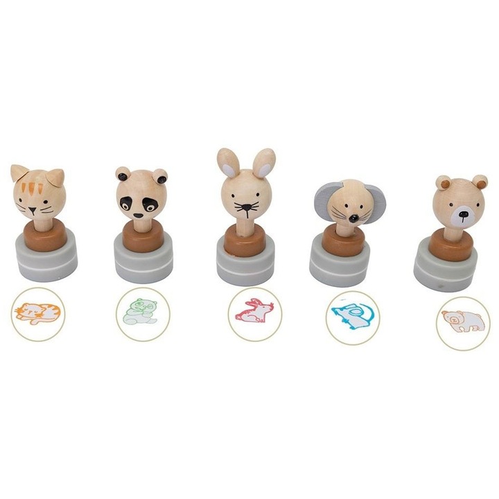 Set de stampile din lemn cu cerneala - animale, Askato, 3.2x7cm, multicolor