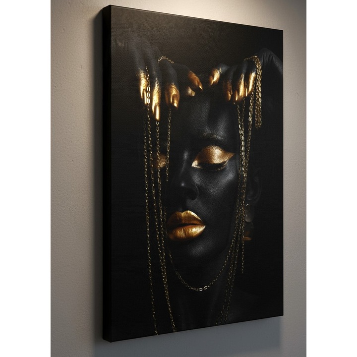 Tablou Canvas Glamour Negru si Auriu cu Detalii in Lac Selectiv - Portret Artistic cu Accente Aurii, Arta Moderna Glamour, Canvas pe Sasiu de Lemn, 50x70cm