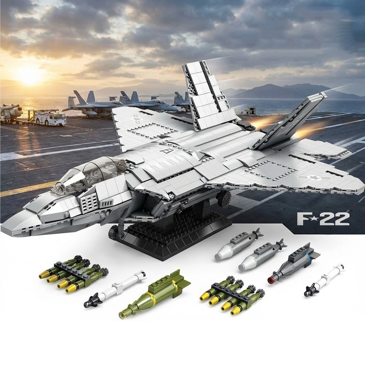 Set constructie de aeronave, Excitat®, Avionul de lupta F-22 Raptor, 1837 buc, Technic Educatie STEM, compatibile cu lego, 2kg, Gri