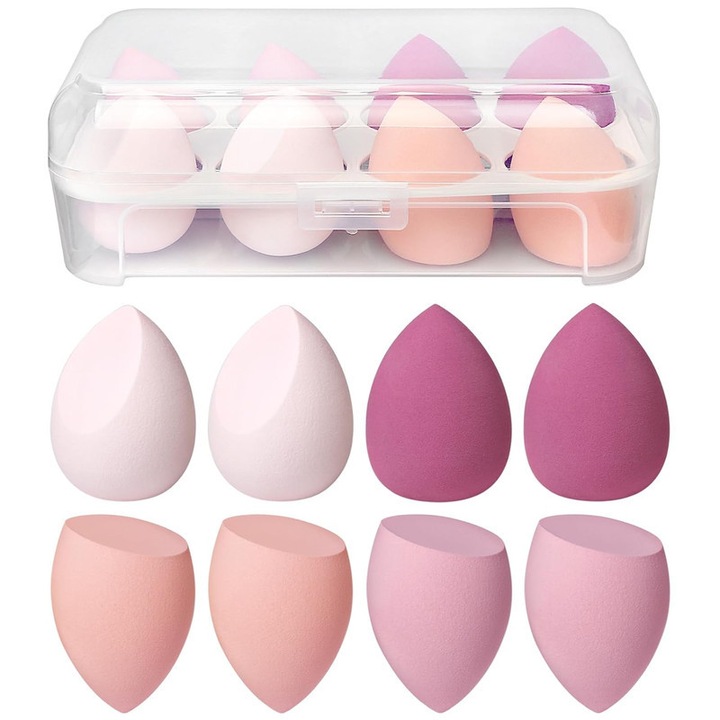 Set 8 bureti pentru machiaj umed/uscat, cutie depozitare, fara latex, Roz, 5.5cm x 3.5cm, MNK-Tech813