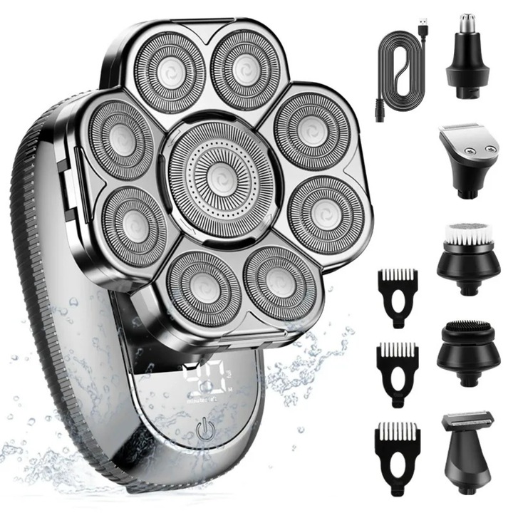 Електрическа самобръсначка комплект 6 в 1 MACASORE, цялостна грижа, за лице, глава, нос, уши, сухо или мокро бръснене, LED дисплей, висока автономност, комфорт и прецизност, може да се мие под течаща вода IPX6, USB зареждане