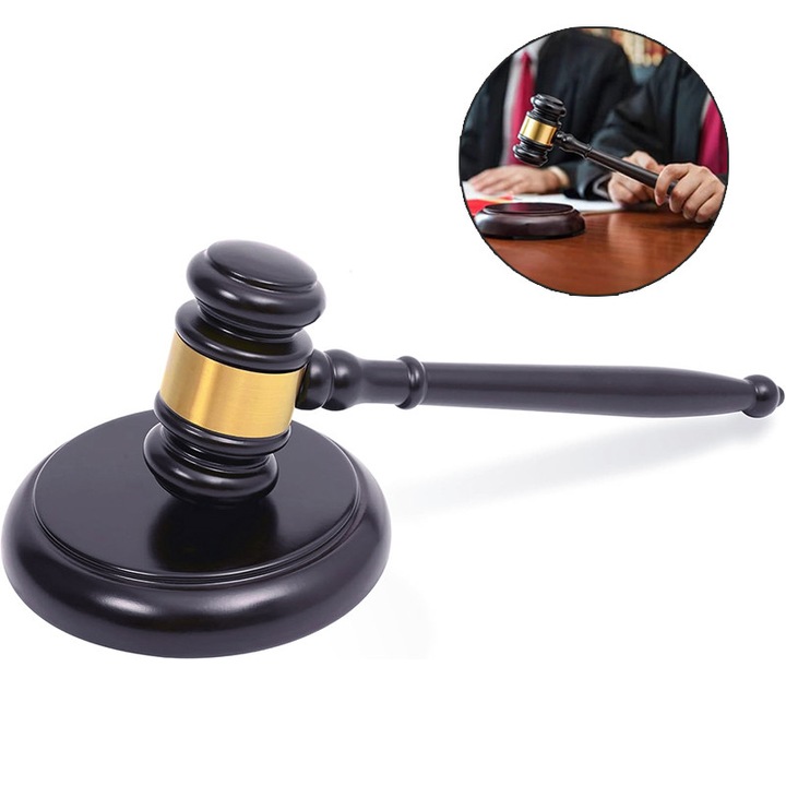 Ciocan de judecator din lemn, cu baza, material ecologic de calitate superioara, ergonomic, durabil, suprafata neteda, pentru judecatori, avocati, licitatii, sedinte, accesorii foto, negru