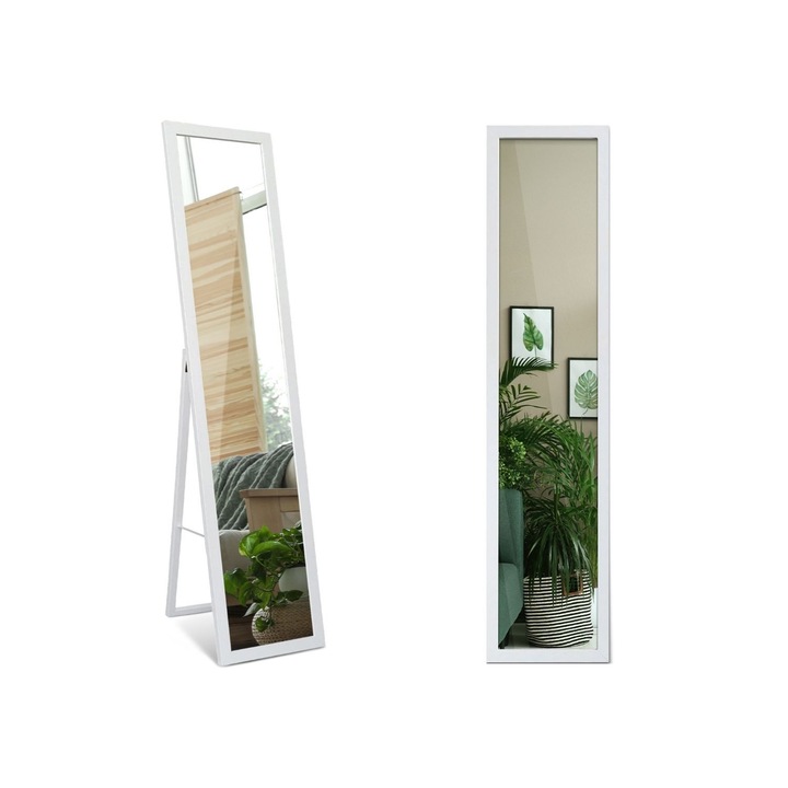 Tükör Állvánnyal, Padlótükör Fehér Kerettel 156x36 cm - Dísztükör Hálószobába, Öltözőbe, Előszobába - Nagy, Modern, Szabadon Álló, MDF Keretes Design