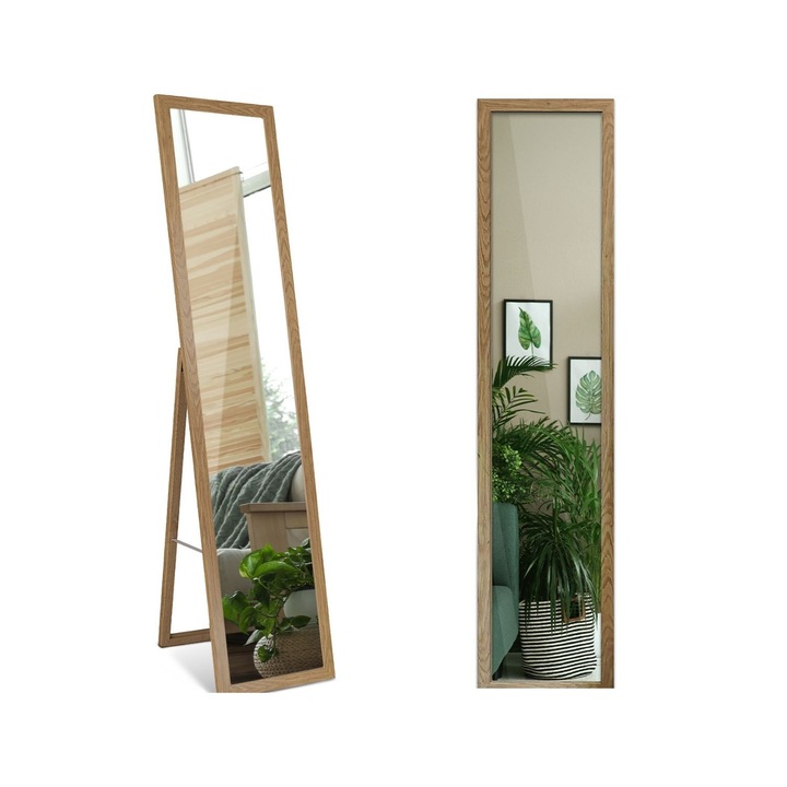 Tükör Állvánnyal, Padlótükör Tölgy Kerettel 156x36 cm - Dísztükör Hálószobába, Öltözőbe, Előszobába - Nagy, Modern, Szabadon Álló, MDF Keretes Design