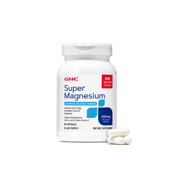 GNC Super Magneziu 300 mg, formula avansata cu glicinat, malat si taurat pentru absorbtie superioara, 90 cps