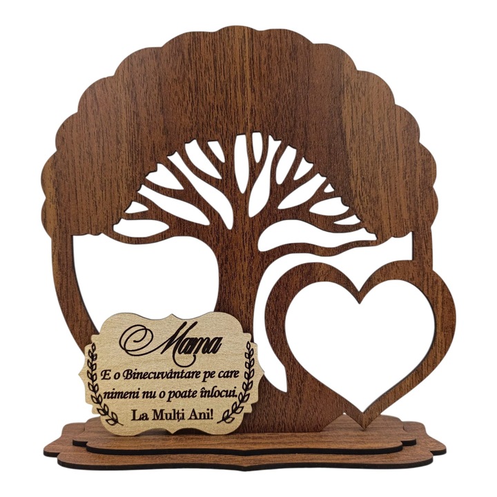 Decoratiune personalizata din lemn natural, copac cu placuta pentru Mama, 20 cm, nuc