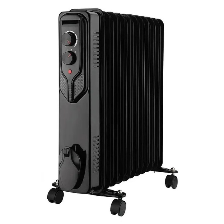 Calorifer electric cu ulei, 2000W, 9 elelmenti, termostat reglabil, protectie la supraincalzire, negru