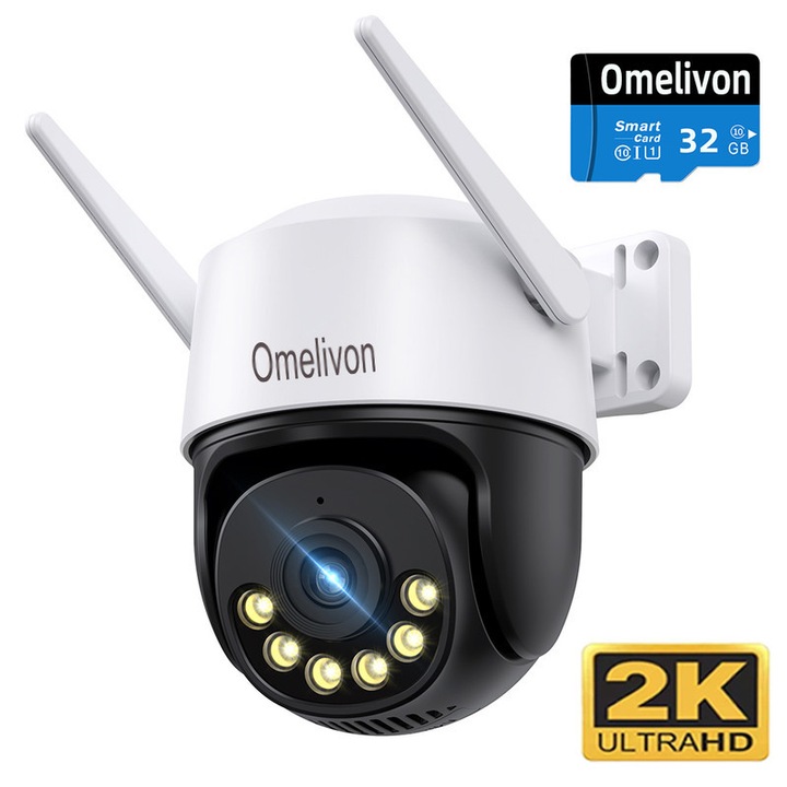 Camera de Supraveghere Inteligenta Video CCTV Dubla Omelivon® A19B, WiFi, 4MP, Exterior/Interior, Detectie Umana AI, Viziune Nocturna, Detectie Miscare, Rotire, Microfon Bidirectional, Lentile Duble, Stocare interna si Cloud, Incarcator，Alb/Negru