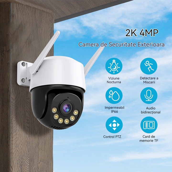 Camera de Supraveghere Inteligenta Video CCTV Dubla Omelivon® A19B, WiFi, 4MP, Exterior/Interior, Detectie Umana AI, Viziune Nocturna, Detectie Miscare, Rotire, Microfon Bidirectional, Lentile Duble, Stocare interna si Cloud, Incarcator，Alb/Negru