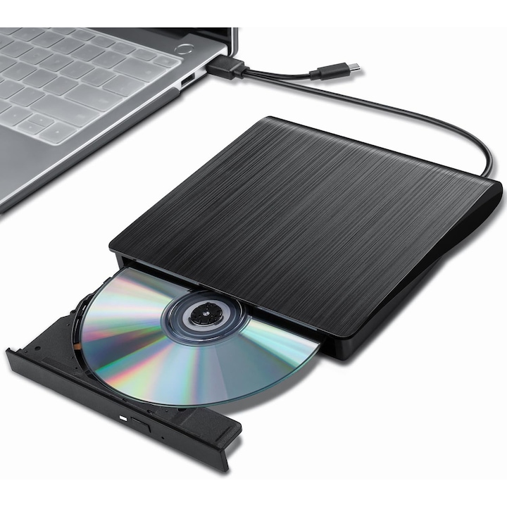 DVD writer extern, USB 3.0, CD, DVD +/-, RW, Cablu tip C, Compatibil laptop, PC, Desktop, Mac Book, Windows 10/8/7, Linux OS, Negru