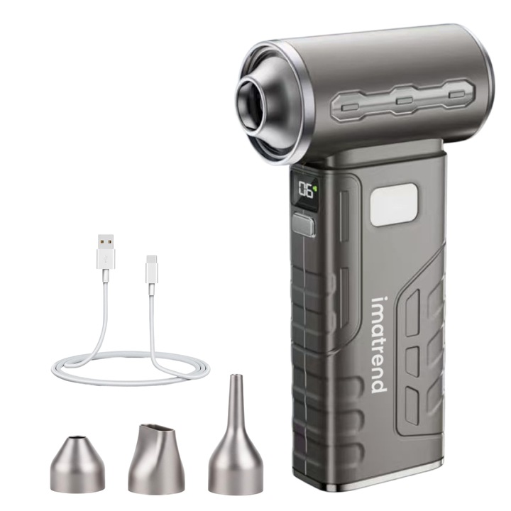 Suflanta Aer Comprimat Portabila IMA Trend®, Turbo Fan 140000 RPM, 4 Trepte Putere, Baterie 3000 mAh, Incarcare USB-C, Motor Fara Perii, Pentru Auto, Frizerie, Curatare Filtre, Praf si Frunze, Argintiu