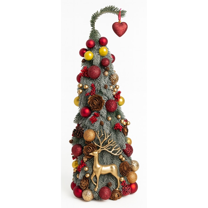 Brad decorativ premium de Craciun, Lucrat Manual, Crengute brad artificial nins si Ren, Cadoul Ideal pentru cei dragi, 52 cm, Rosu/Auriu
