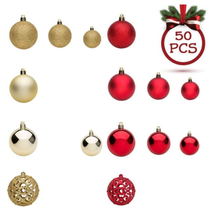 Set globuri de Craciun MaxiBuy, 50 bucati, auriu si rosu, 3x4x6 cm