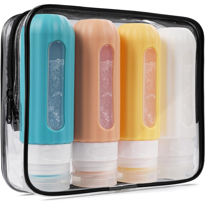 Set 4 Utazási Cseppálló Tartály Piperecikkeknek, Utazási méretű termékek, 90 ml-es tartály, Flip kupak, Tároló táska, Matricák, Újrafelhasználható palackok, Szilikon/Többszínű