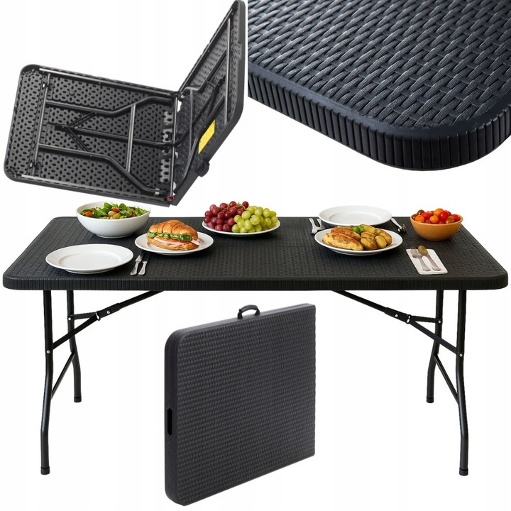 Masă pliabilă de grădină Bankietowo, rattan negru, 180x76cm, cadru metalic, ușor de transportat