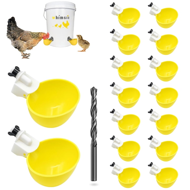 Set 16 cani pentru adapator pui/gaini, Morovan, Gaste, Bibilici, Pui, gaini si curci - Inclusiv Spiral de Gaurire 9mm pentru Montaj, Plastic, Adezive, Galben