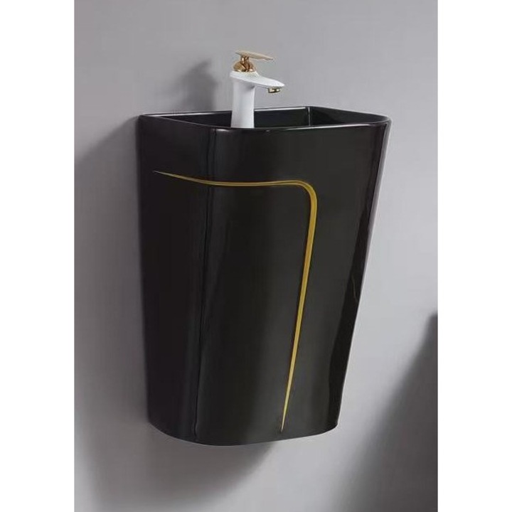 Lavoar suspendat, negru lucios/auriu, ceramica sanitara, 41 x 34 x 62 cm P130BG