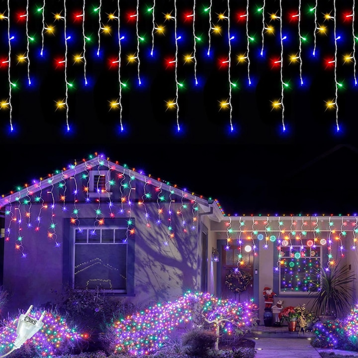SIKS karácsonyi jégcsapfüzér, 5 méter, 110 LED, otthonra / kertbe / pavilonba, 8 fénysorral, folyó rojtokkal, kültéri fedett / beltéri, átlátszó vezeték, összekapcsolható, sokszínű