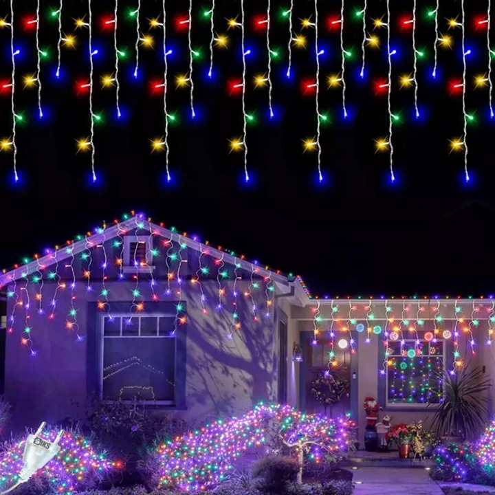 Instalatie Craciun Tip Turturi SIKS, 5m, 110 LED-uri, Multicolor, Fir Transparent, Interconectabila