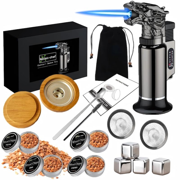 Комплект за опушване на коктейли с горелка и огън, 4 ароматни подправки, лед от неръждаема стомана, дърво