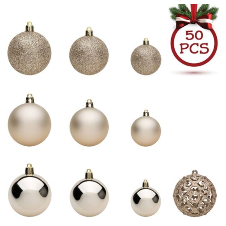 Set globuri de Craciun MaxiBuy® 50 bucati, bej mat, stralucitor si glitter, diametru 3/4/6 cm, decor elegant pentru bradul de Craciun