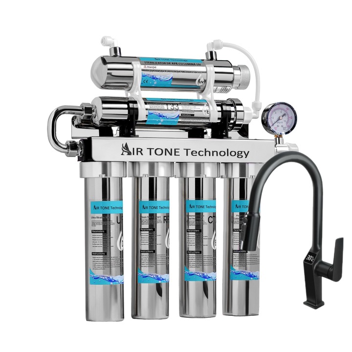 Filtru de apa Air Tone Technology, Inox, 5 stagii + Lampa UV antibacteriana (6W), 0.01 microni, Sistem profesional de filtrare, cu baterie neagra cu 3 cai (apa filtrata, calda si rece), ecran LCD, accesorii incluse