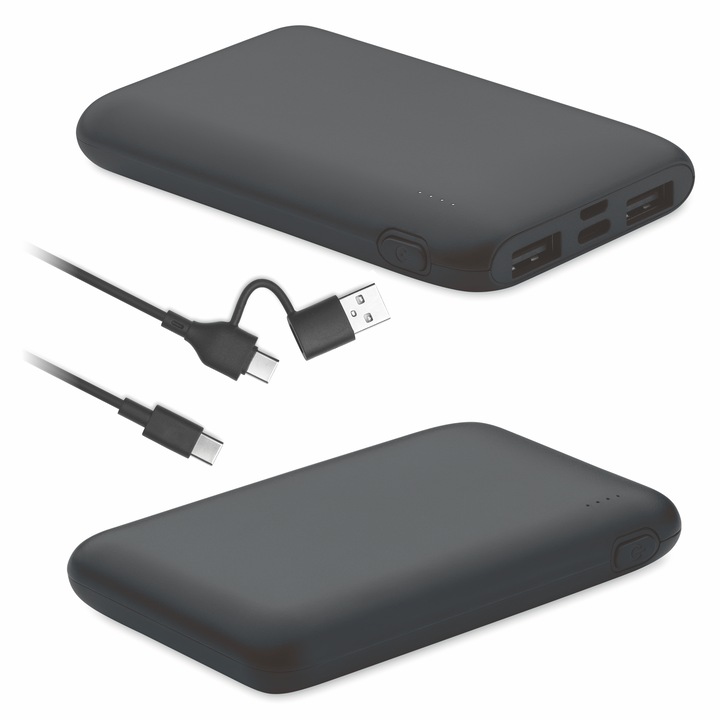 Külső akkumulátor, powerbank 5000 mAh Li-polimer, 2 x USB 18W, 1 x Type C 20W, 1 x microUSB, LED, fekete