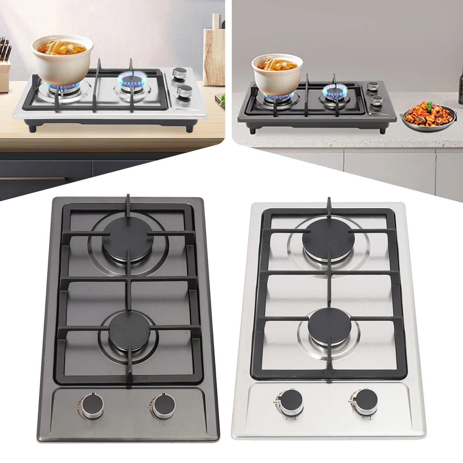 Aragaz pe gaz, montare incastrata pe blat, arzatoare duble 3KW+1.75KW, negru