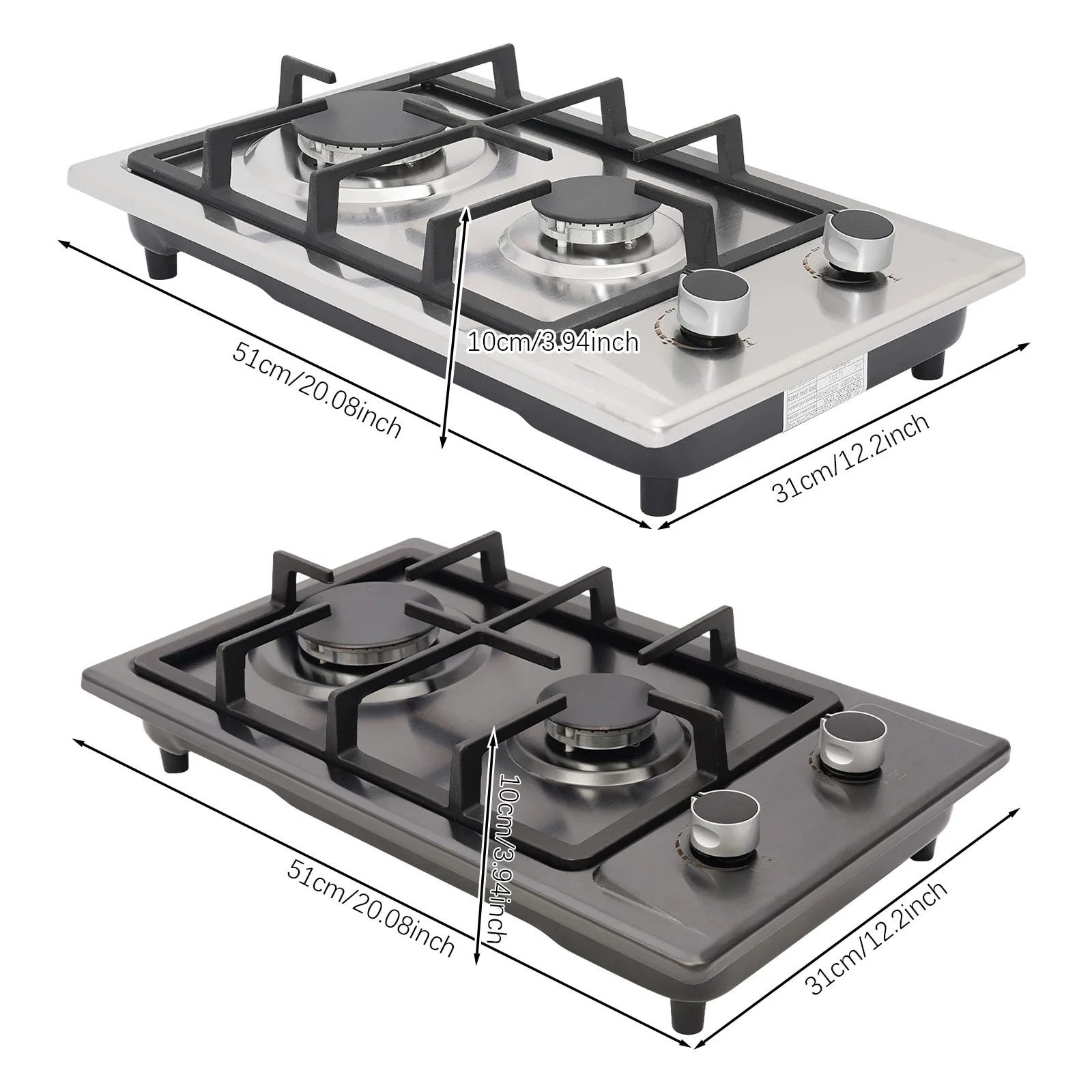Aragaz pe gaz, montare incastrata pe blat, arzatoare duble 3KW+1.75KW, negru