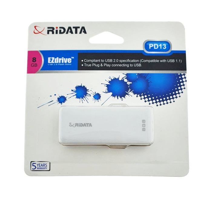Memorie USB 2.0 Flash Drive RiDATA 8 GB, EZdrive PD13, conector retractabil, alb