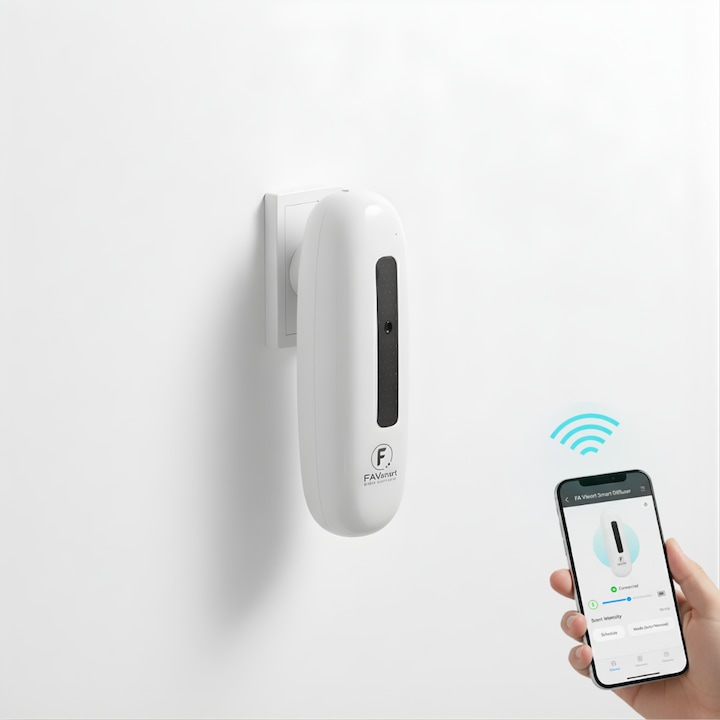 Difuzor Uleiuri Esentiale INTELIGENT FAVsmart S912, Atomizor Fara Apa (Ulei Pur), Control Bluetooth (APP) Programabil, Consum Eficient, 100 ml, Silentios, Acoperire 50 mp, pentru Casa, Birou, SPA, Yoga, Dormitor, Alb