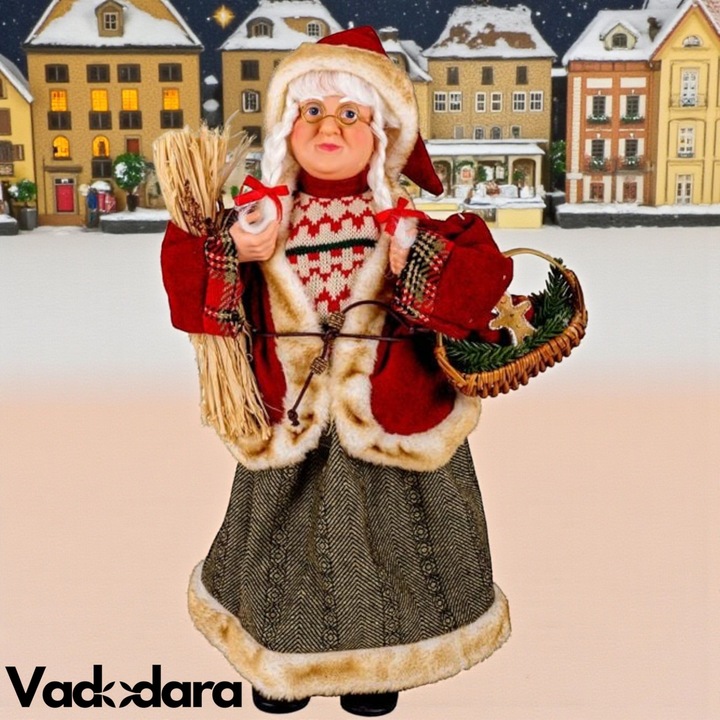 Figurina decorativa de Craciun – Doamna Mos Craciun cu cosulet, 45 cm, decoratiune textila premium, stil traditional