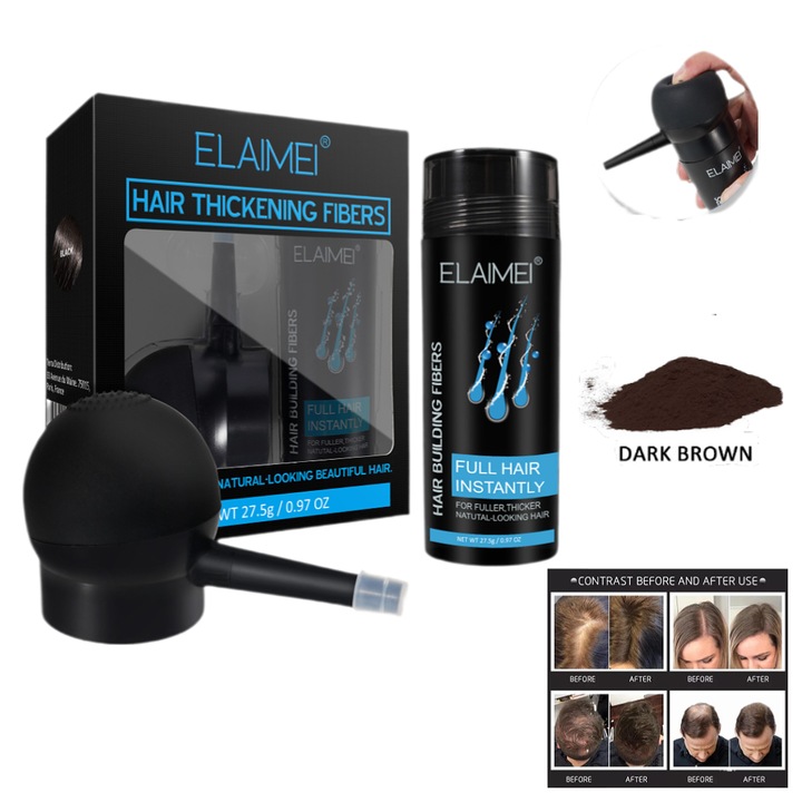 Fibrás hajsűrítő spray szett fúvókával - sötétbarna, Spray kialakítás, könnyen használható, kíméletes összetevők, nanoszálas technológiával, amely a hajhoz tapad és növeli a sűrűséget