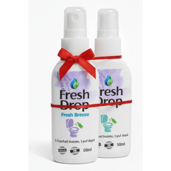 Set 2 Spray-uri pentru WC, Fresh Drop - Fresh Breeze, Elimina Mirosurile Neplacute si Dezinfecteaza Apa din Toaleta, 50ml, Ideal pentru Toalete Publice sau de Serviciu