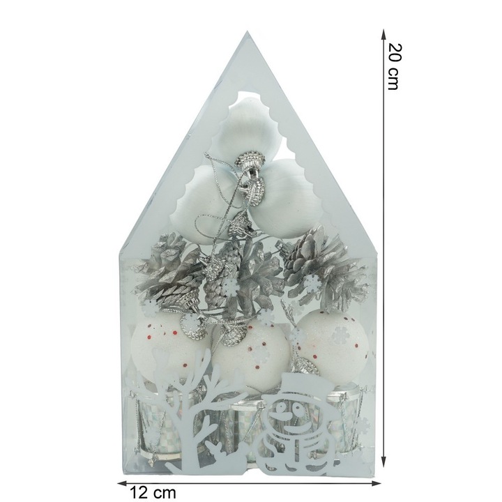 Produs premium - Set de 12 ornamente de brad, Southern Sky, de tip Glob, Alb/ Argintiu, din polistiren, cu finisaj sclipitor, cutie 4 cm adancime x 20 cm inaltime x 12 cm lungime) - calitate superioara