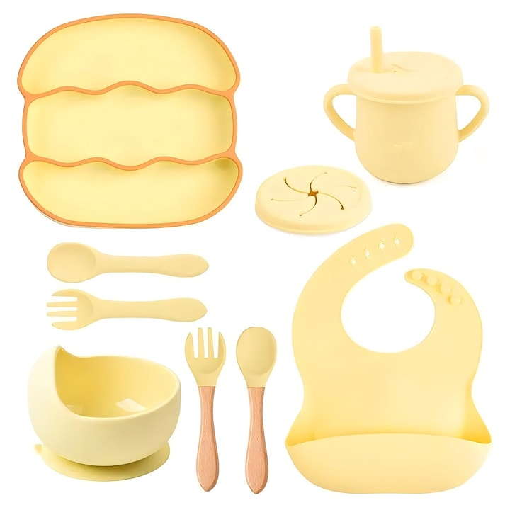 Set hranire bebelusi, 9 piese, silicon alimentar + lemn, antialunecare, galben