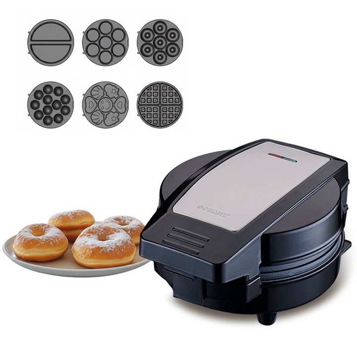 Уред за сандвичи 6 в 1, 600 W, сменяеми незалепващи плочи, за пица, понички, кюфтета, гофрети, плочи за торти, Форма за палачинки с герои, светлинен индикатор, черен