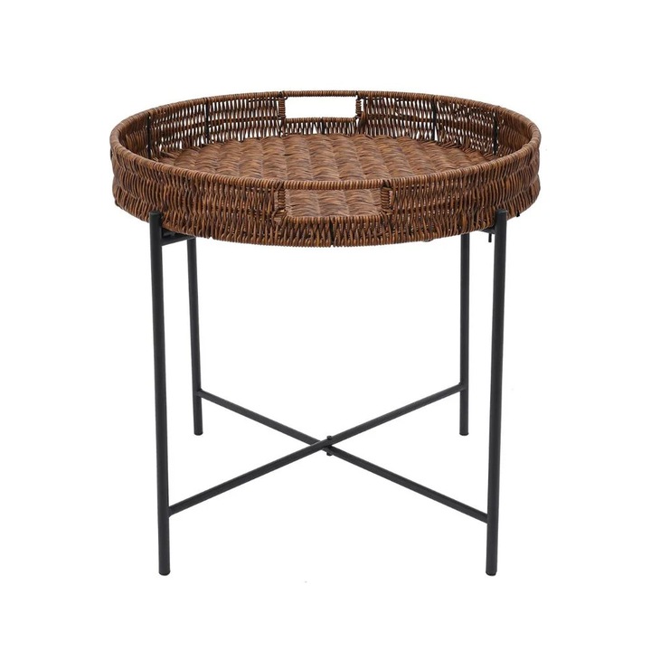 Кръгла странична маса, 48 см тава, 4,5 кг натоварване, сгъваема, черно-кафява