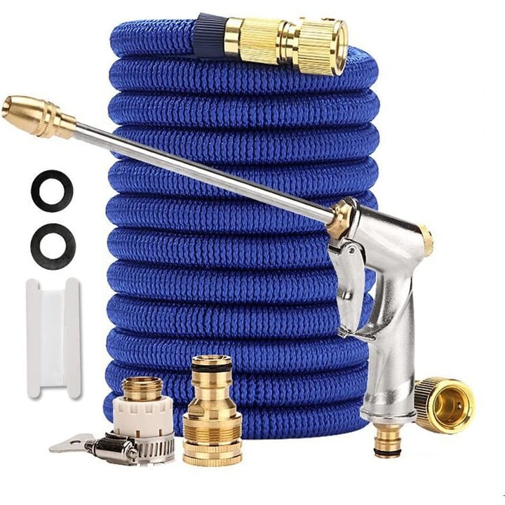 Set furtun de grădină 15m, NAWEN, flexibil, miez de latex, pistol pulverizare metalic cu 6 duze