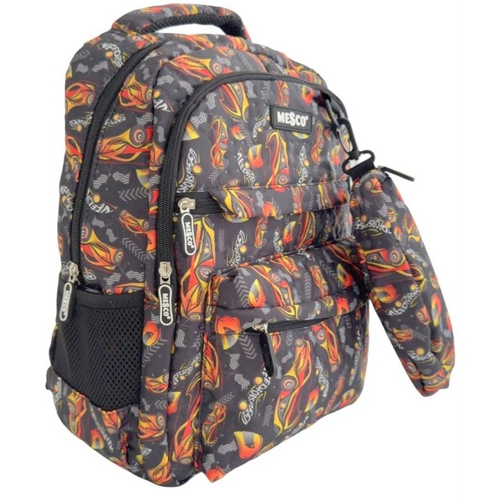 MESKO hátizsák, 2 belső és 2 külső zsebbel, 1 hátsó cipzáras zsebbel, 2 oldalsó zsebbel, nesszeszerrel, 44x30x18 cm, Fekete/Narancssárga