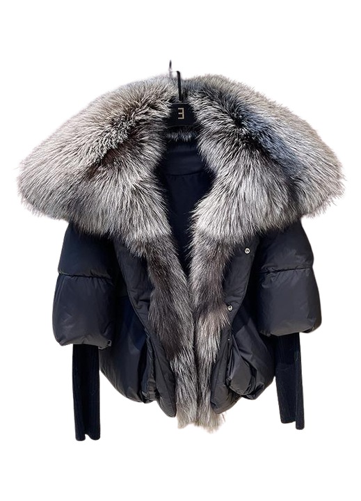 Geaca de dama, guler blana naturala, umplutura din puf de gasca, Negru