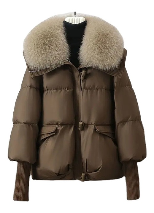 Дамско яке, късо, водоустойчиво, с подвижна яка от изкуствен косъм, Кафяв