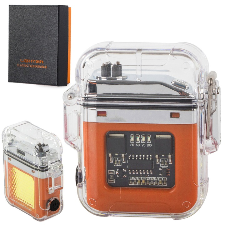 Bricheta plasma electrica USB Ayawaska cu lanterna LED COB, impermeabila, compacta, portocalie, 6x5, 5x2cm