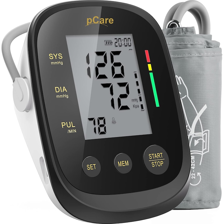 Tensiometru Brat Electronic pCare X5 - Profesional, aparat de masurare tensiune arteriala precisa si puls, tehnologie oscilometrica, tensiometru cu afisaj LCD digital, memorie x99 citiri, manseta pentru brat, Tensiometru brat alimentare pe baterii USB
