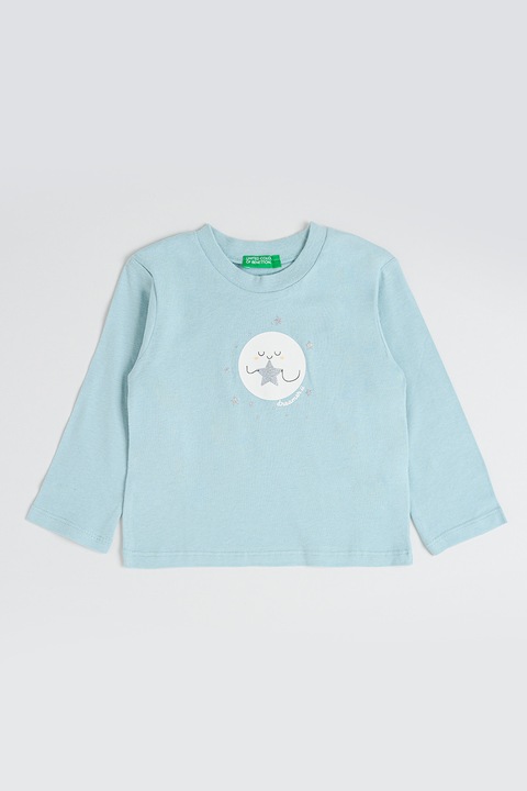 United Colors of Benetton, Bluza de bumbac cu imprimeu grafic, Alb/Verde menta