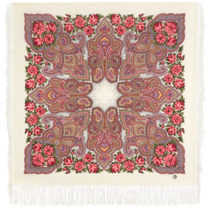 Esarfa de lana cu franjuri de matase A stil rusesc, tip "platki", ideal pentru a purta peste camasa sau ca esarfa eleganta, Alb fildes/Alb cald/Galben deschis/Alb murdar, 89 x 89 cm