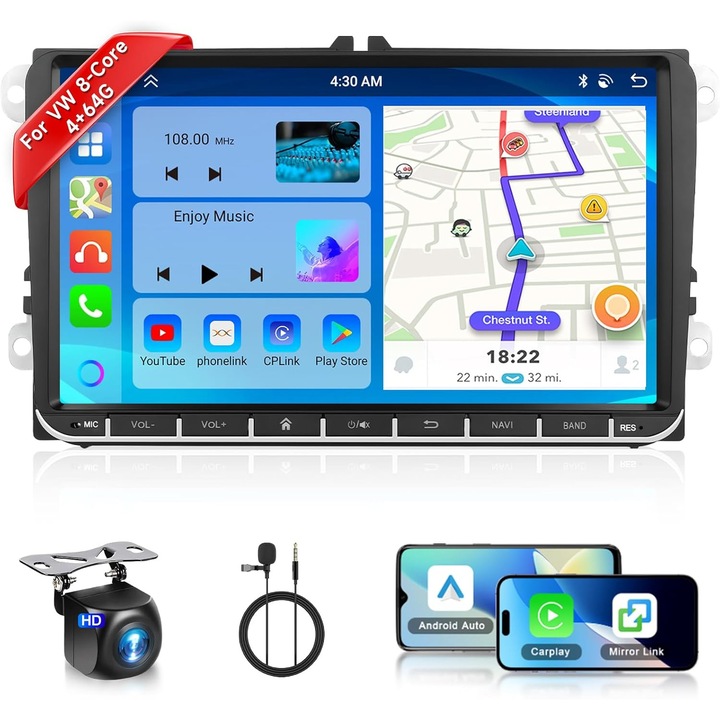 Navigatie Android, wireless Carplay si Android Auto dedicata Golf 5, Golf 6, Jetta, Passat B6, CC, B7, Polo, Tiguan, Touran, Skoda, Seat - CN