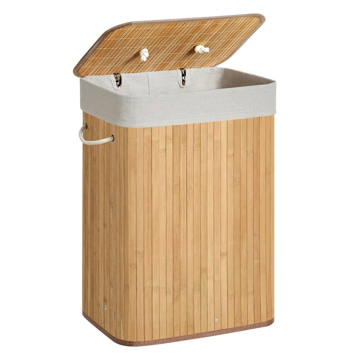 Кош за пране от бамбук 72л, за мръсни дрехи, сваляща се подплата, сгъваем, 40 x 30 x 60 см, естествен