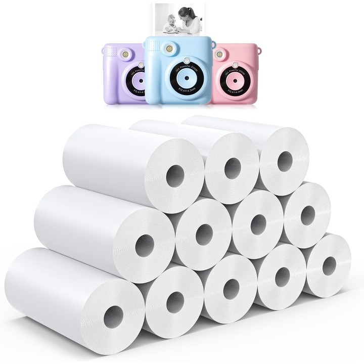 Термохартия TechEeee 57 мм x 25 мм, 12 ролки бяла, за детски моментални фотоапарати